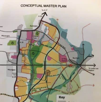 The conceptual masterplan showing where the new homes (in yellow) will go and the A29 realigned